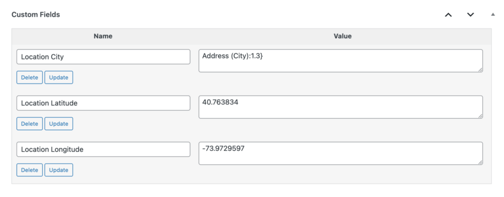 Post custom fields panel where the city, latitude, and longitude values are mapped to their respective custom fields.