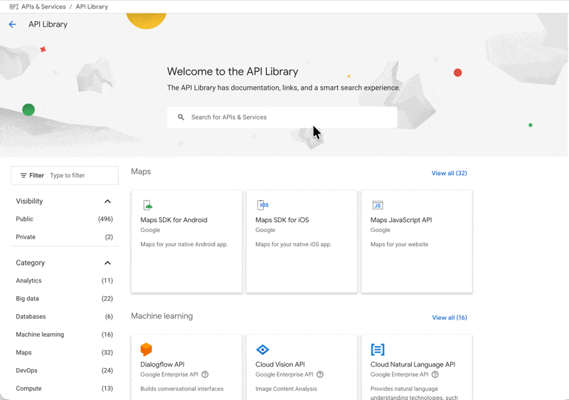 A GIF shows the process of enabling the Places API in Google Cloud Console. The user searches for ‘Places API’, selects it from search results, and clicks the Enable button.