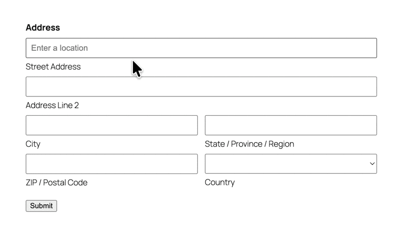A user typing "Crockett Blvd" into an address field, selecting from suggestions that appear, resulting in the whole address fields being auto-populated with the complete address.