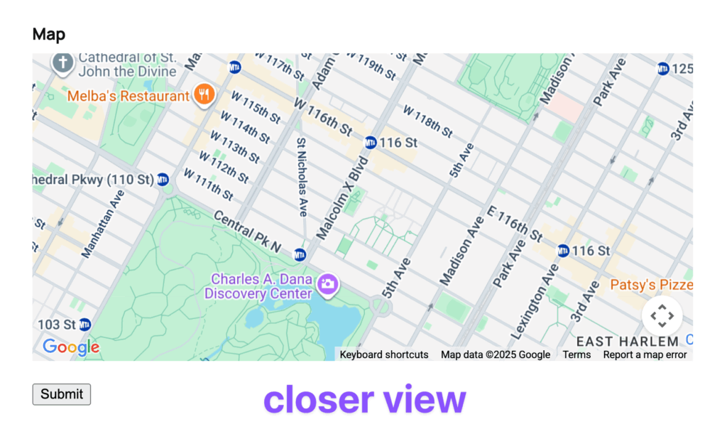 Map field displaying East Harlem, NYC, in a close, neighborhood view.