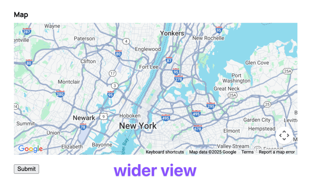 Map field displaying New York City in a wide, city view.