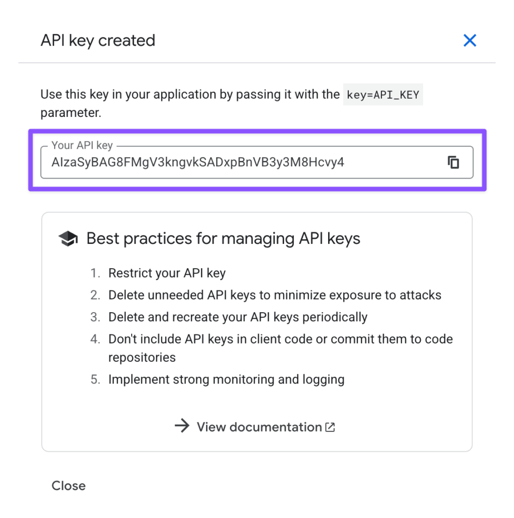 API key creation confirmation panel showing the newly generated key in a text field with a purple highlight rectangle.