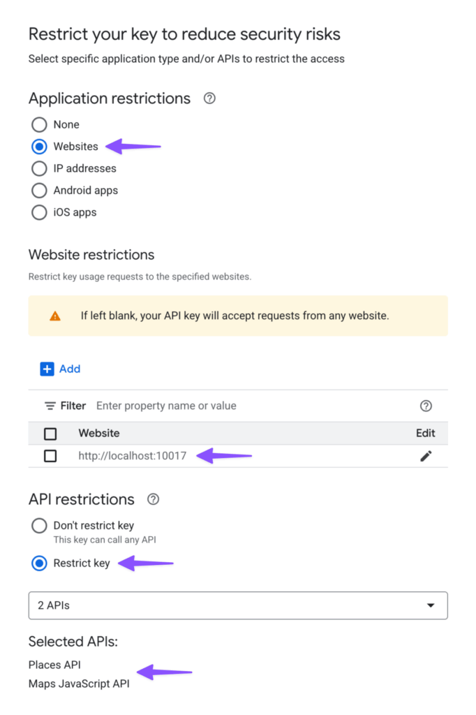 API key restriction settings showing website restrictions (local site domain entered) and API limitations (Places API and Maps JavaScript API selected).