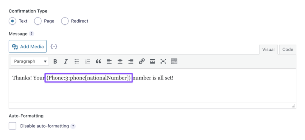 A confirmation message showing the modified phone number merge tag: {Phone:3:phone[nationalNumber]}