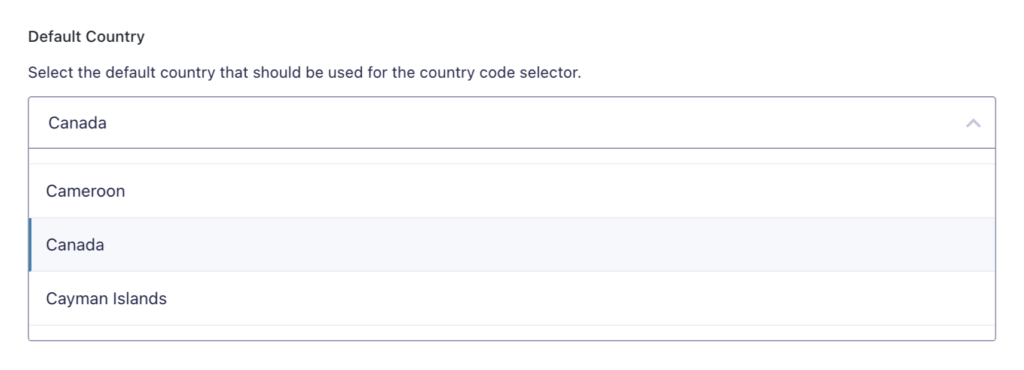 The Default Country dropdown menu is selected, with Canada highlighted in the list of available options.