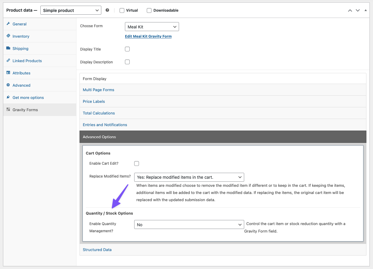 Showing quantity / stock options in WooCommerce Gravity Forms Product Configurator's settings