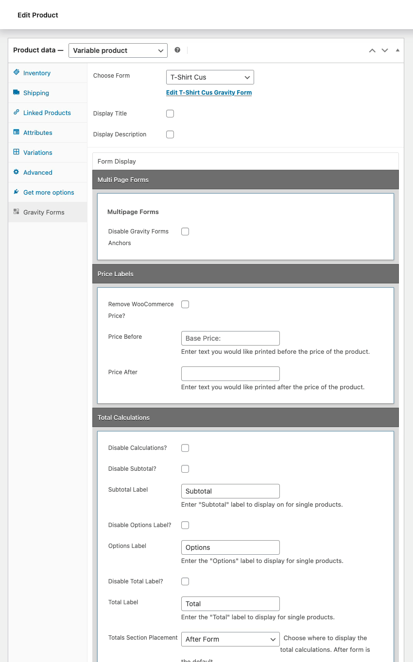 Full settings for WooCommerce Gravity Forms Product Add-ons