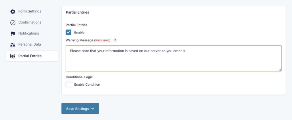 Enabling the Partial Entries add-on for a form