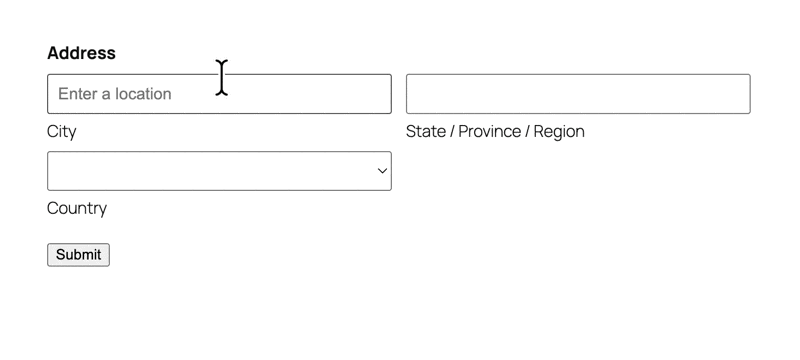 A user types ‘Rome’ in the City field and selects the first suggestion. The address field autocompletes.