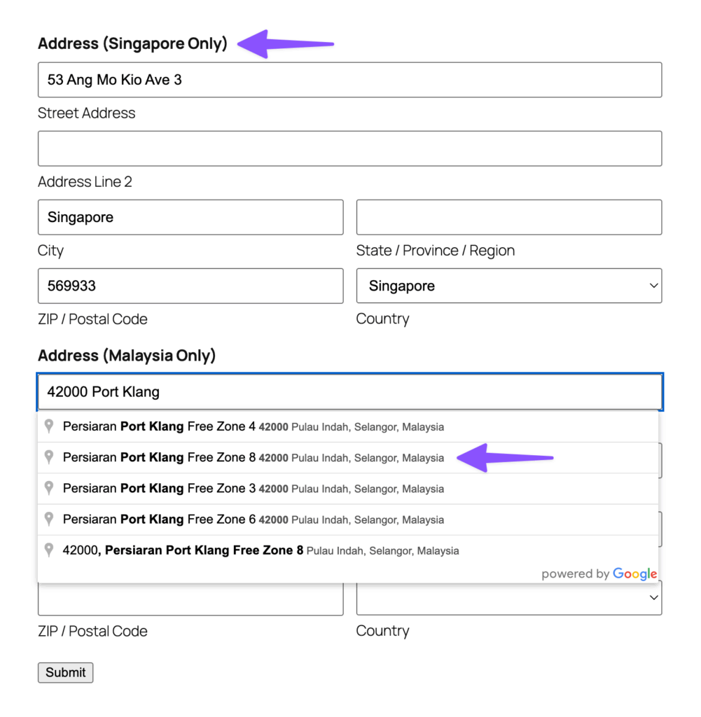 A form showing two address fields. One field displays a completed address in Singapore, another field shows a dropdown with Malaysian address suggestions.