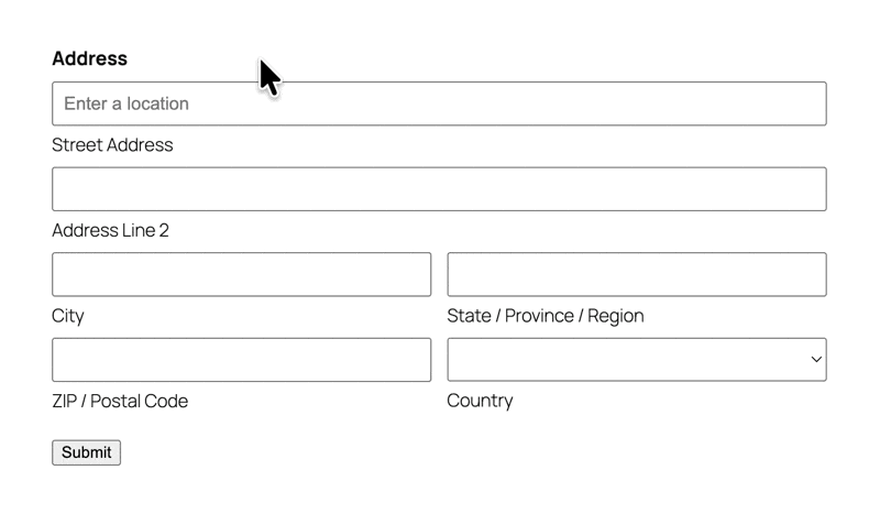 A user types ‘The Wizarding World’ in the Street address field and selects the first suggestion. The address field autocompletes.