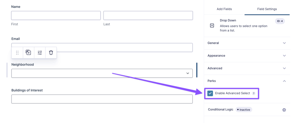 A Drop Down Field is selected, with its settings open on the right. The ‘Enable Advanced Select’ setting is toggled on.