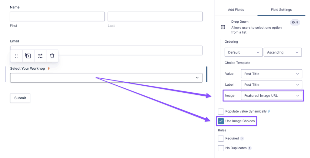 A dropdown field named 'Select Your Workshop' displays with the field settings panel open on the right. The 'Use Image Choices' setting is enabled, and the image is set to 'Featured Image URL'.