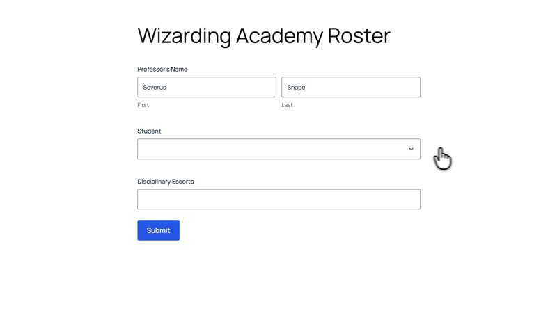 User clicks dropdown, types 'A, R, T', and choices populate. The user scrolls to the bottom three times, loading more options each time until 'no more results' appears.