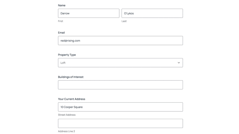 A user uses keyboard shortcuts to navigate the form, focuses on a dropdown field to select 'Penthouse', and moves to the next multiselect field, types three addresses one after the other, and selects them respectively.