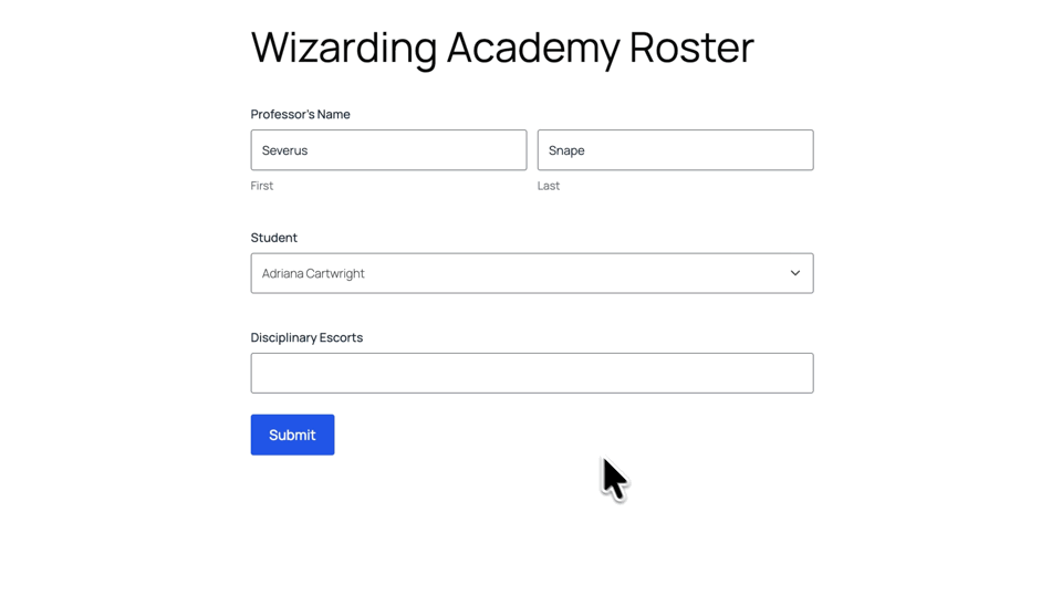 The user clicks on the multiselect field, clicks it three times with no choices appearing, types three characters 'D, O, N' and choices are automatically populated with names containing 'DON'.