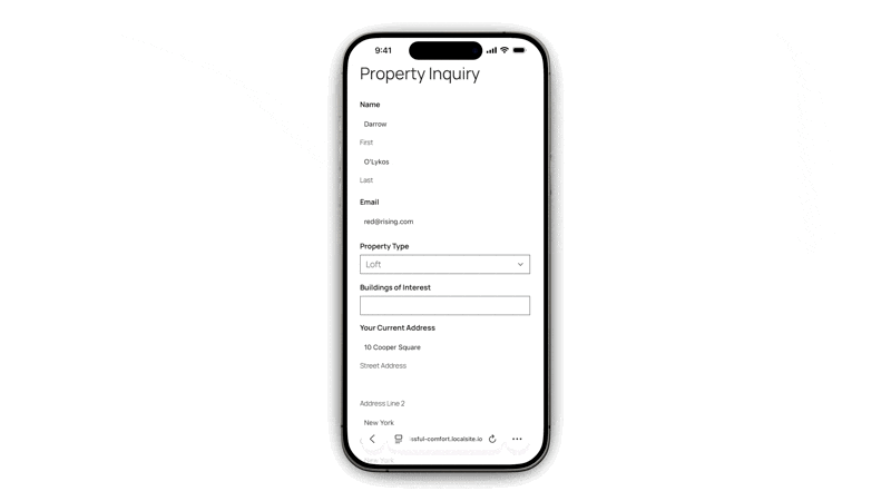 A smartphone screen shows a user navigating a form. The user taps a dropdown field, uses the on-screen keyboard to type and filter options, selects one, then moves to a multiselect field and repeats the process.