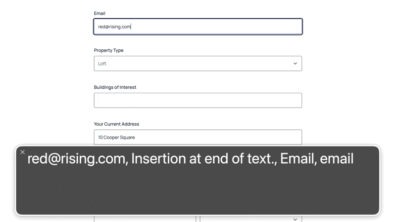A user navigates a form using keyboard shortcuts. They focus on a dropdown field, type 'Penthouse' to filter options, and select the result. A screen reader box displays announcements describing each action.