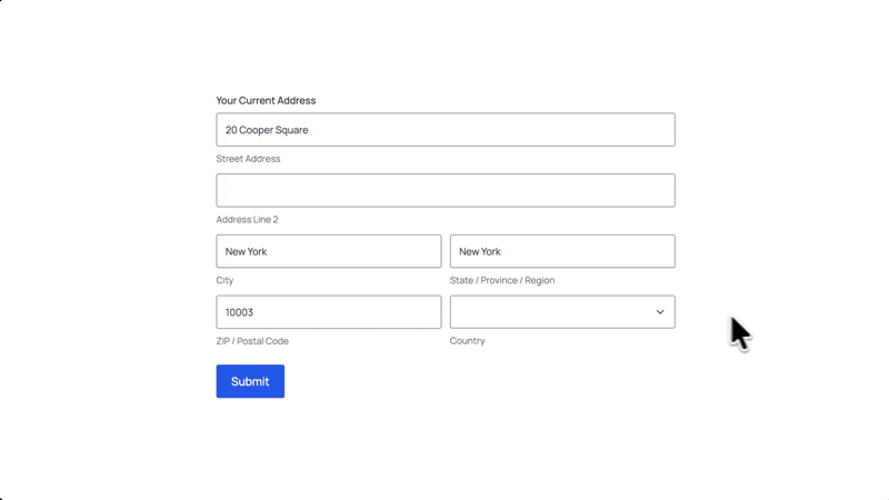 A user clicks on the country dropdown in an address field, types 'United' to filter the options, and selects 'United States' from the filtered results.