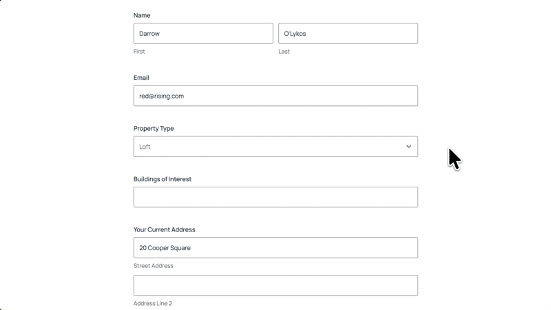 A user interacts with a dropdown field by clicking it and typing 'Penthouse' to filter and select the option. The user then moves to a multiselect field and selects five different options from the dropdown list.