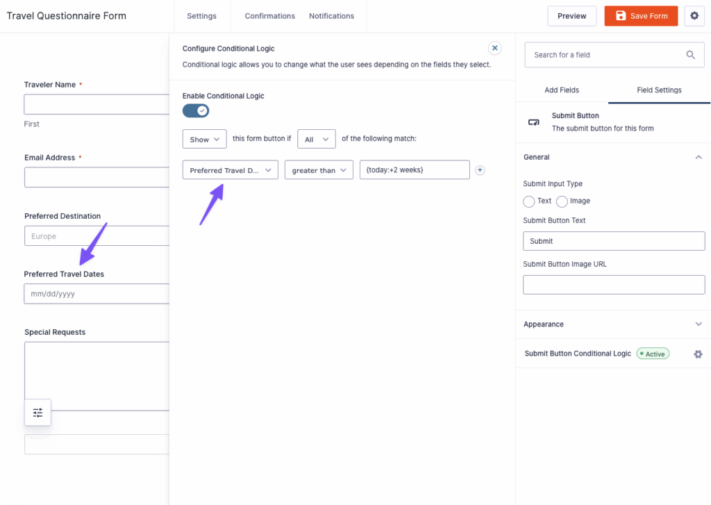 Setting conditional logic based on preferred travel dates