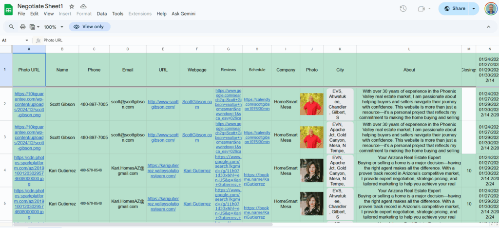 A Google Sheets spreadsheet containing realtor directory data with columns for agent name, phone number, email address, website URL, and other agent details.