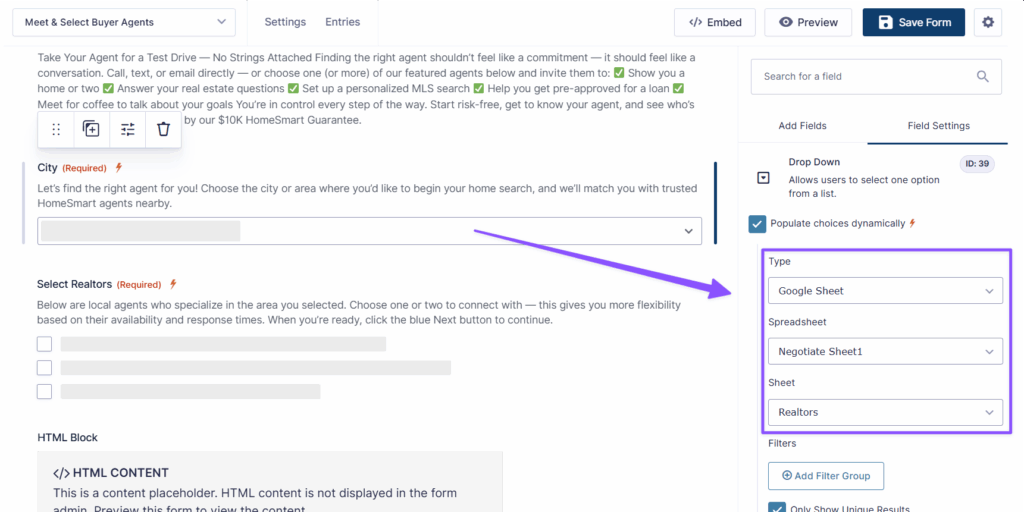 The form editor shows a city dropdown field with its settings panel open. Populate Anything is being configured to dynamically populate dropdown choices from a Google Sheets data source containing realtor data.