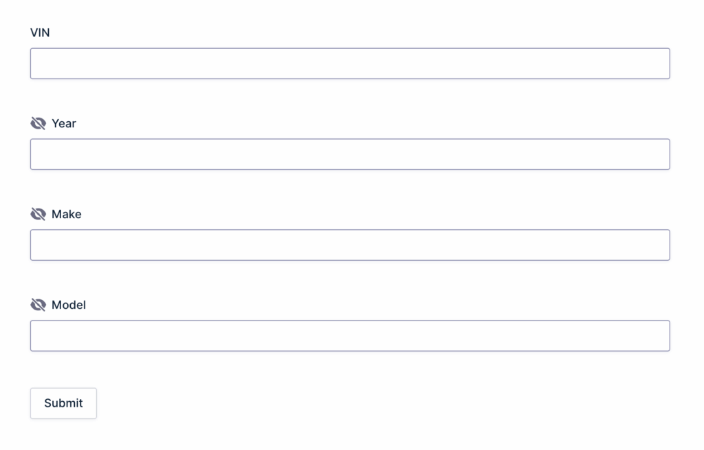 A form editor showing four single line text fields labeled VIN, Year, Make, and Model.
