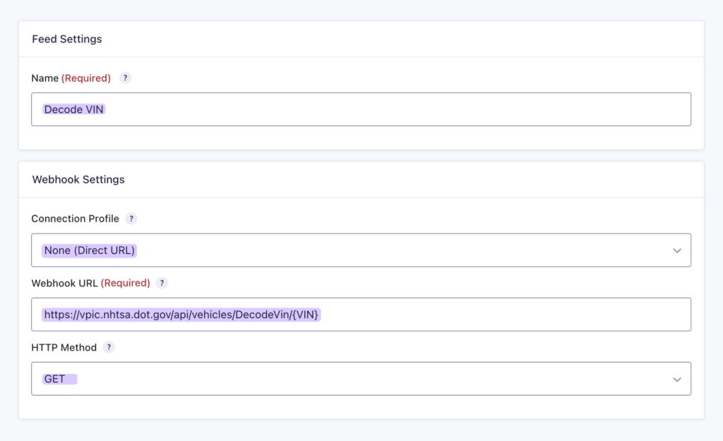 API Alchemist feed settings display the Webhook Settings section filled in.