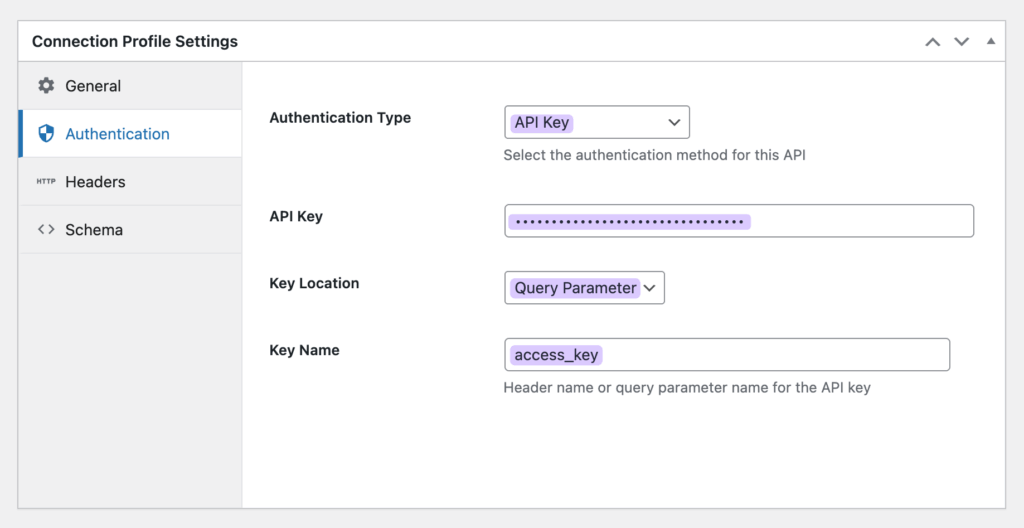 Screenshot showing the Authentication tab of the GC API Alchemist Connection Profile with Type, Key, Location, and Name fields filled in.