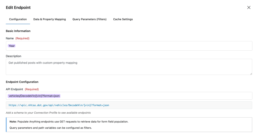 A new endpoint configuration screen shows the name field set to 'Year' and the API endpoint field populated with a URL.