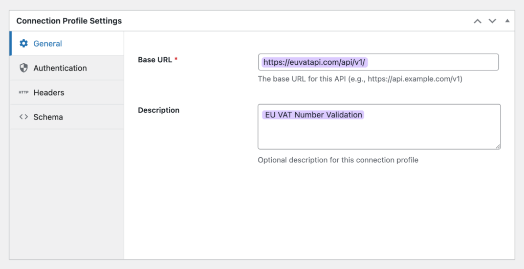 Screenshot showing the General tab of the GC API Alchemist Connection Profile with Base URL and Description fields filled in.
