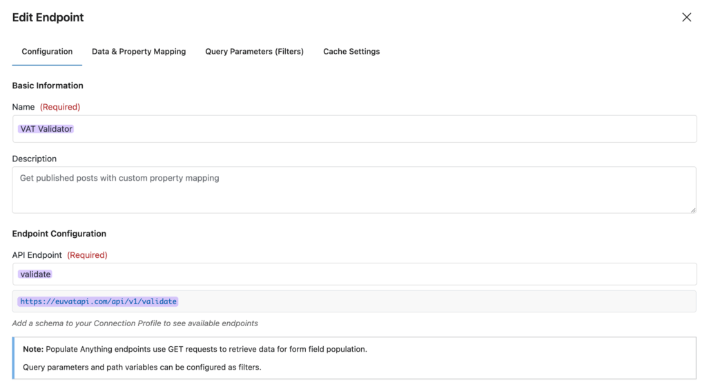 Screenshot showing the Endpoint configuration window of the GC API Alchemist with basic information filled in.