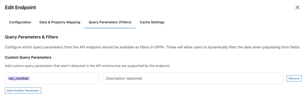 Screenshot showing the Endpoint Query Parameters window of the GC API Alchemist with a 'vat_number' parameter added.