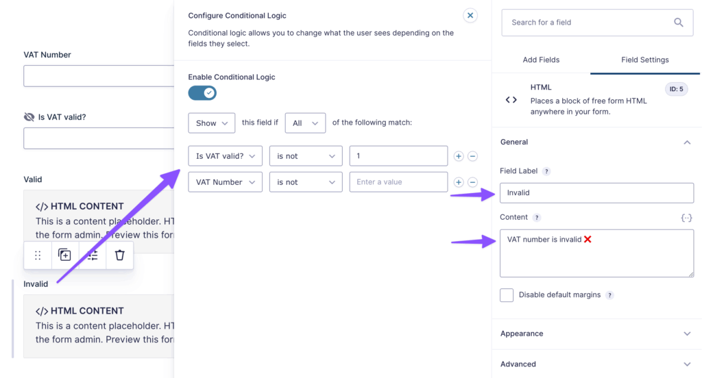 The form editor with an HTML field selected, with the Conditional logic flyout open.
