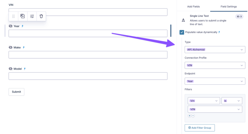 Populate anything is being configured in the single line text field ‘year’.