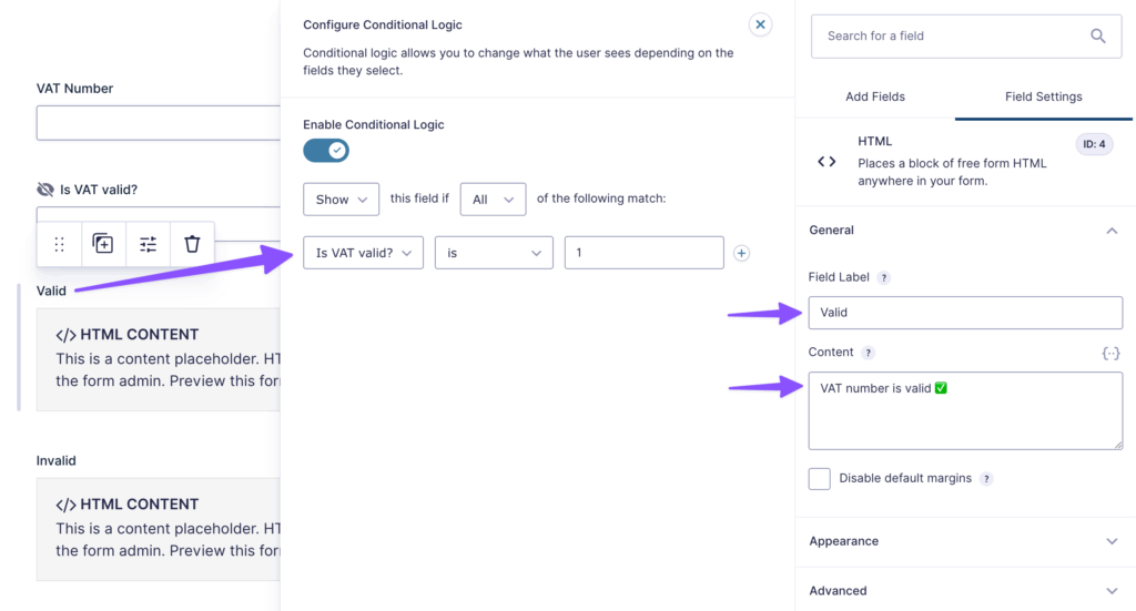 The form editor with an HTML field selected, with the Conditional logic flyout open.