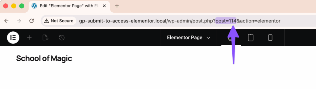 A browser address bar shows 'post=114' highlighted, indicating the post ID.
