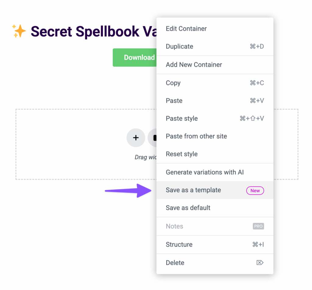 An Elementor container is right-clicked, showing the container settings menu with an arrow pointing to the 'Save as a template' option.