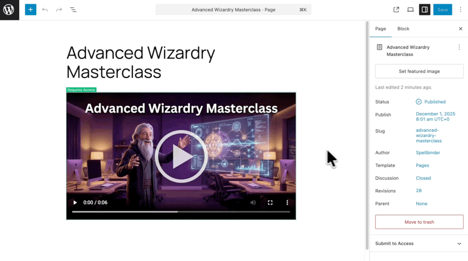 A video block in the page editor shows a custom paywall message and a payment form with card details being entered and submitted, which unlocks the gated video content.