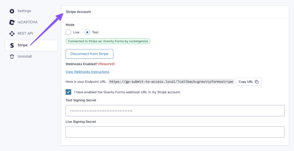 Gravity Forms Stripe add-on settings page displays a configured and connected payment gateway.