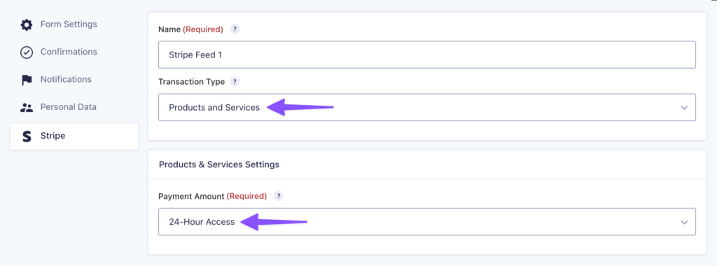 A Stripe feed shows the payment amount mapped to the product field in the form.
