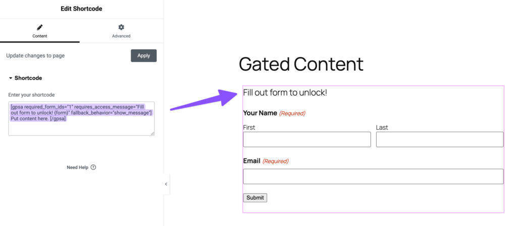 The Elementor editor showing the '[gpsa]' shortcode inserted in a shortcode block.