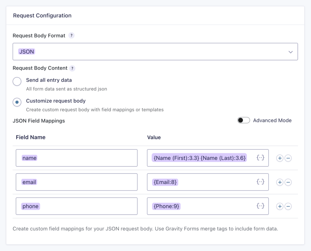 JSON field mappings connecting form fields to Pipedrive.