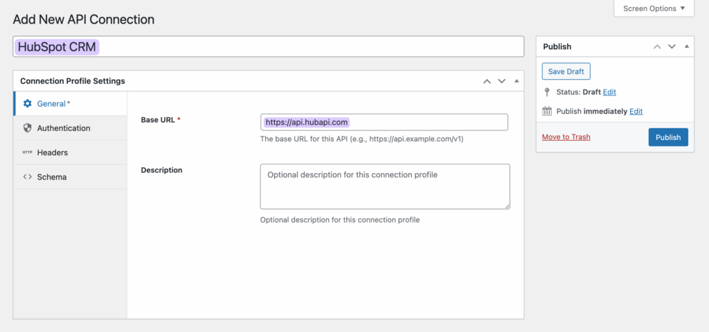 The General tab of a new API Alchemist connection profile shows the name (HubSpot CRM) and base URL fields filled in.