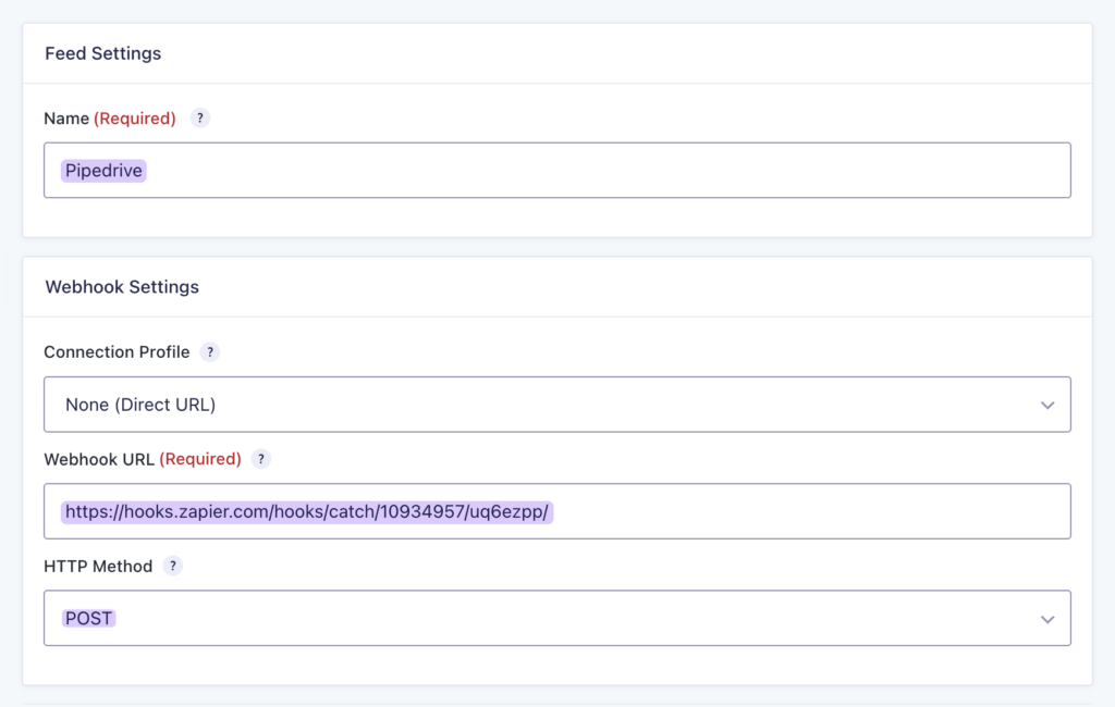 The GC API Alchemist feed setup screen shows the feed name set to 'Pipedrive', the webhook URL entered in its field, and the HTTP method set to 'POST'.