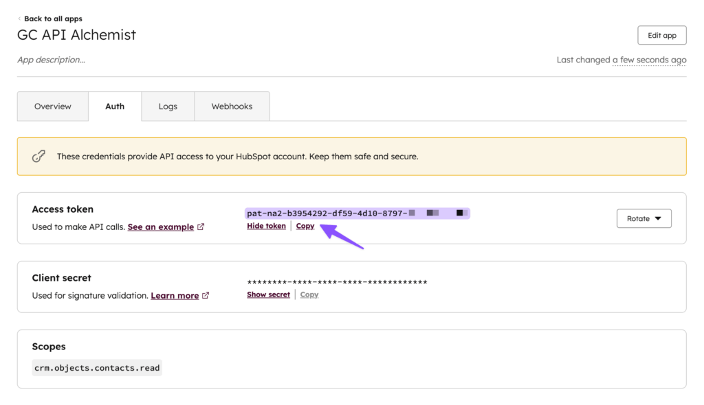The HubSpot legacy app interface displays the Auth tab with the access token highlighted.