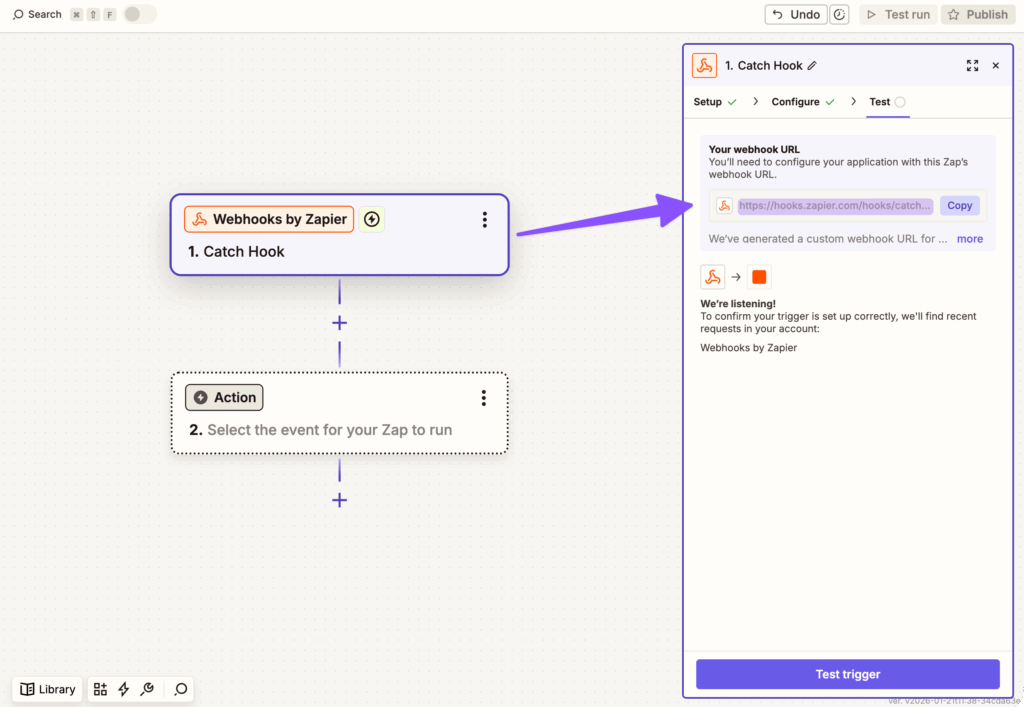 Zapier interface displays the trigger node set to 'Webhooks by Zapier' with the webhook URL highlighted in the right side panel.