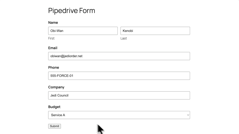 A user fills in a form on the front end and submits it, then switches to a new browser window in Pipedrive, where the newly created deal from the form submission appears.