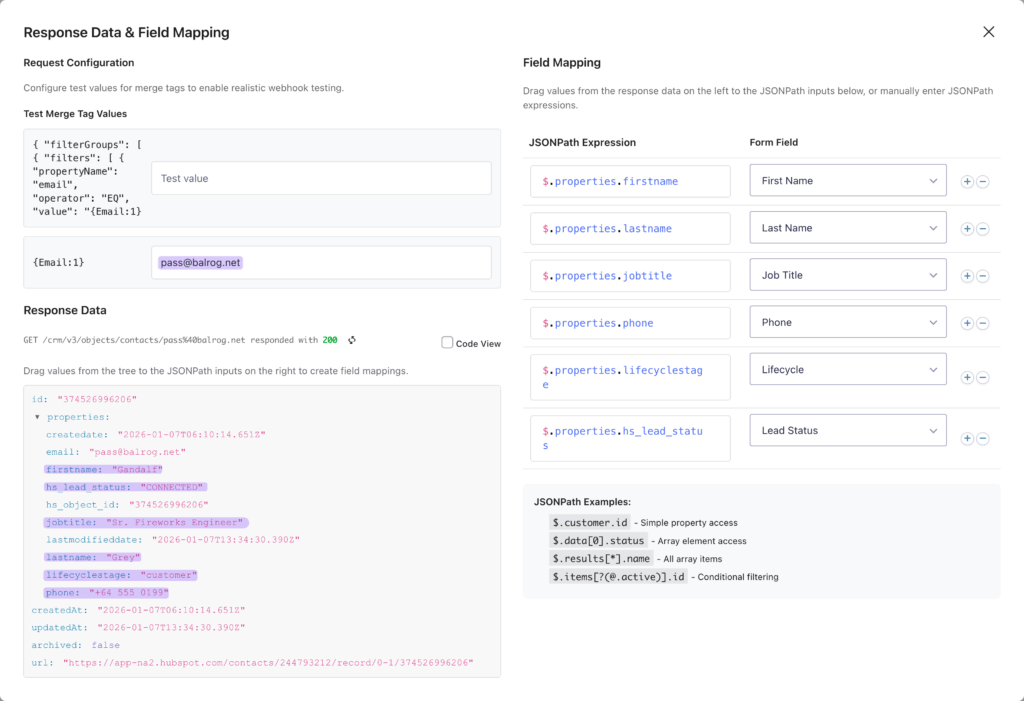The Response Data and Field Mapping window displays a test email in the {Email:1} input field, with JSONPath filters added and mapped on the right side for six different fields.